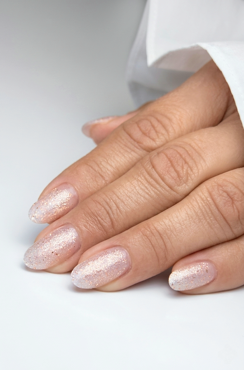 Amandelvormige nagels met zachte glitter, twee handen over elkaar